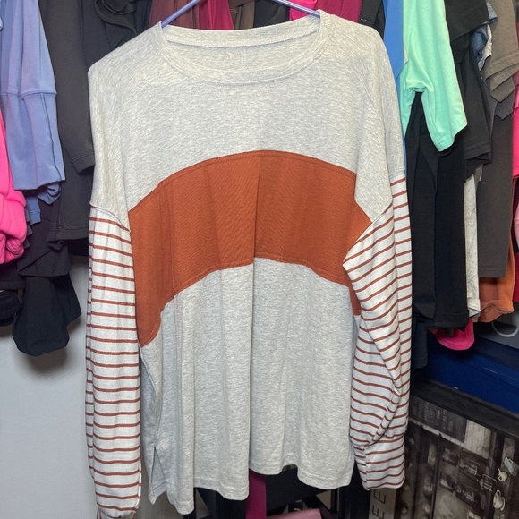 Women’s Gray and Rust Striped Long Sleeve Top - Picture 2 of 7